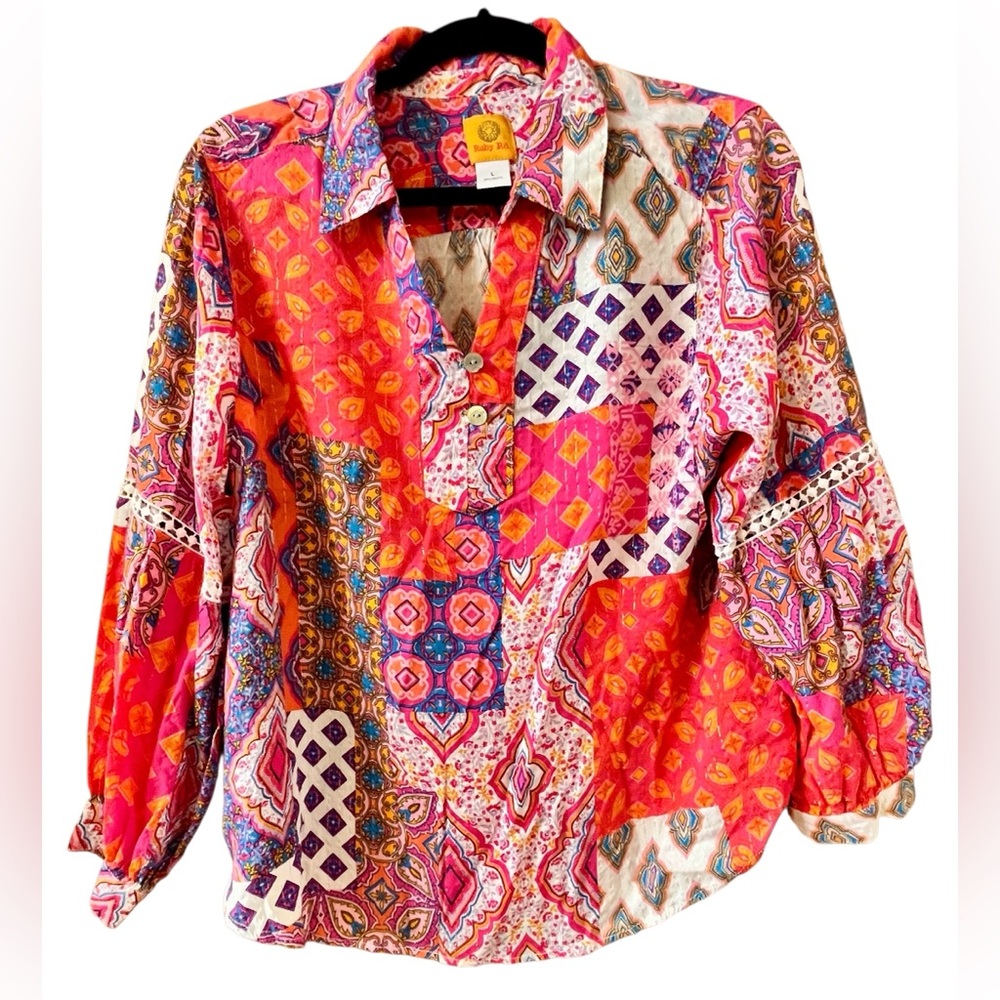 Ruby Rd. Vibrant Patchwork Blouse - Pink, Orange, Purple - Picture 3 of 12